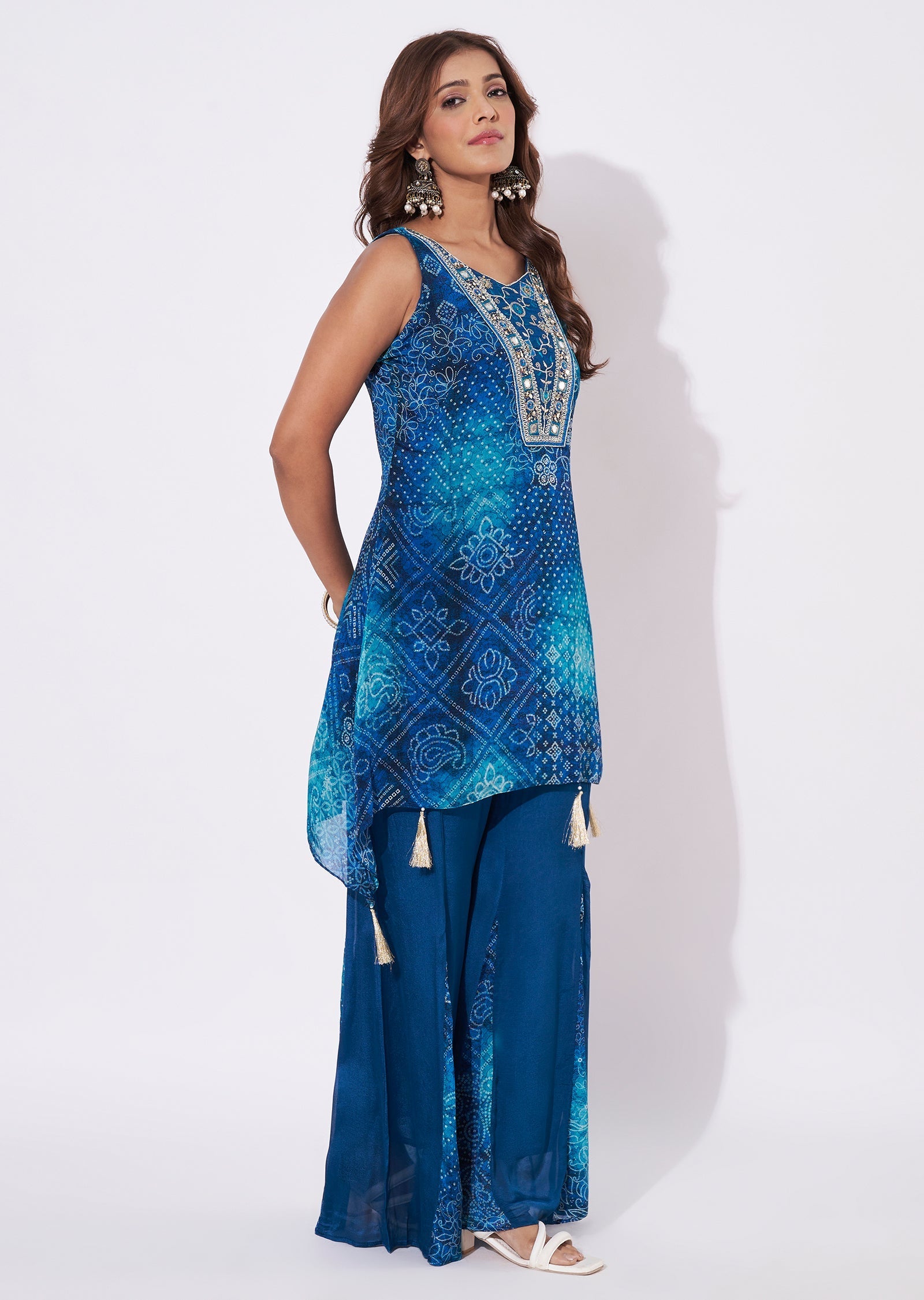 Rama Blue Chinnon Straight Cut Kurti Set