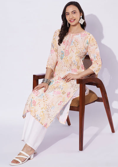 Light Yellow Linen Cotton Straight Cut Kurti