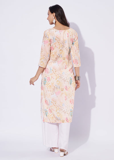 Light Yellow Linen Cotton Straight Cut Kurti