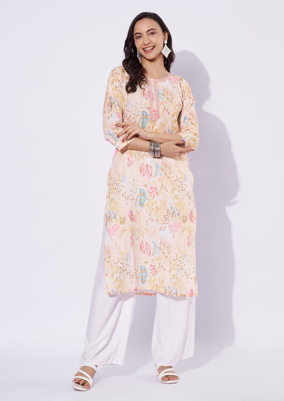 Light Yellow Linen Cotton Straight Cut Kurti