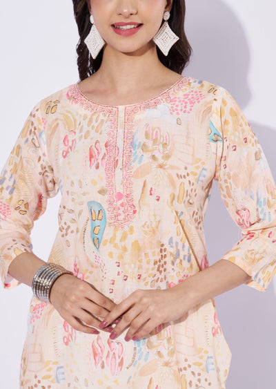 Light Yellow Linen Cotton Straight Cut Kurti