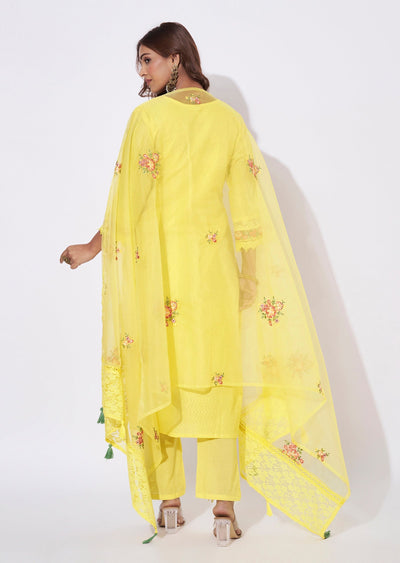 Yellow Cotton Straight Cut Suit