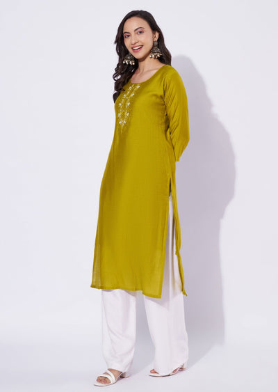 Lime Green Gold Straight Cut Kurti