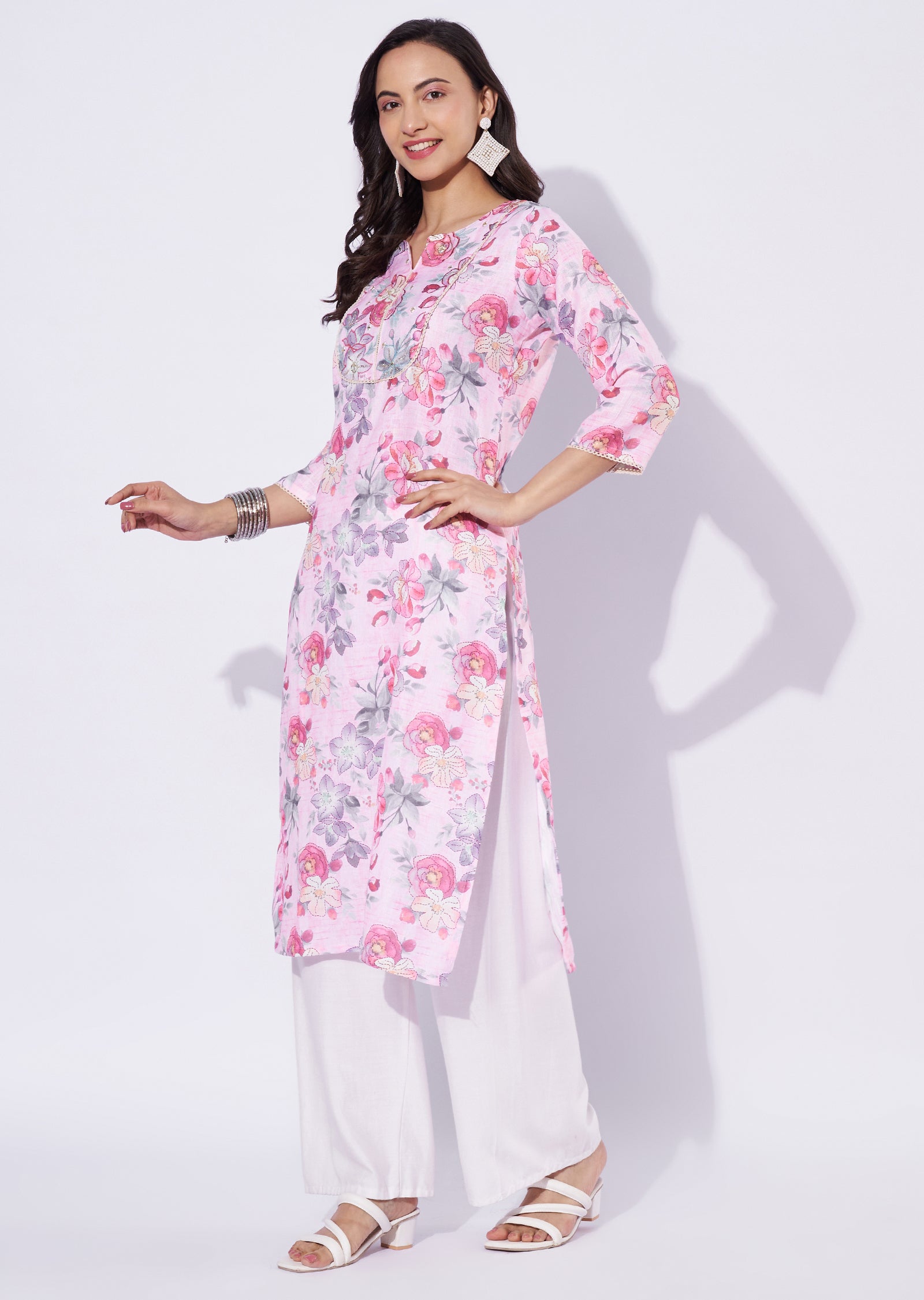 Baby Pink Linen Cotton Straight Cut Kurti