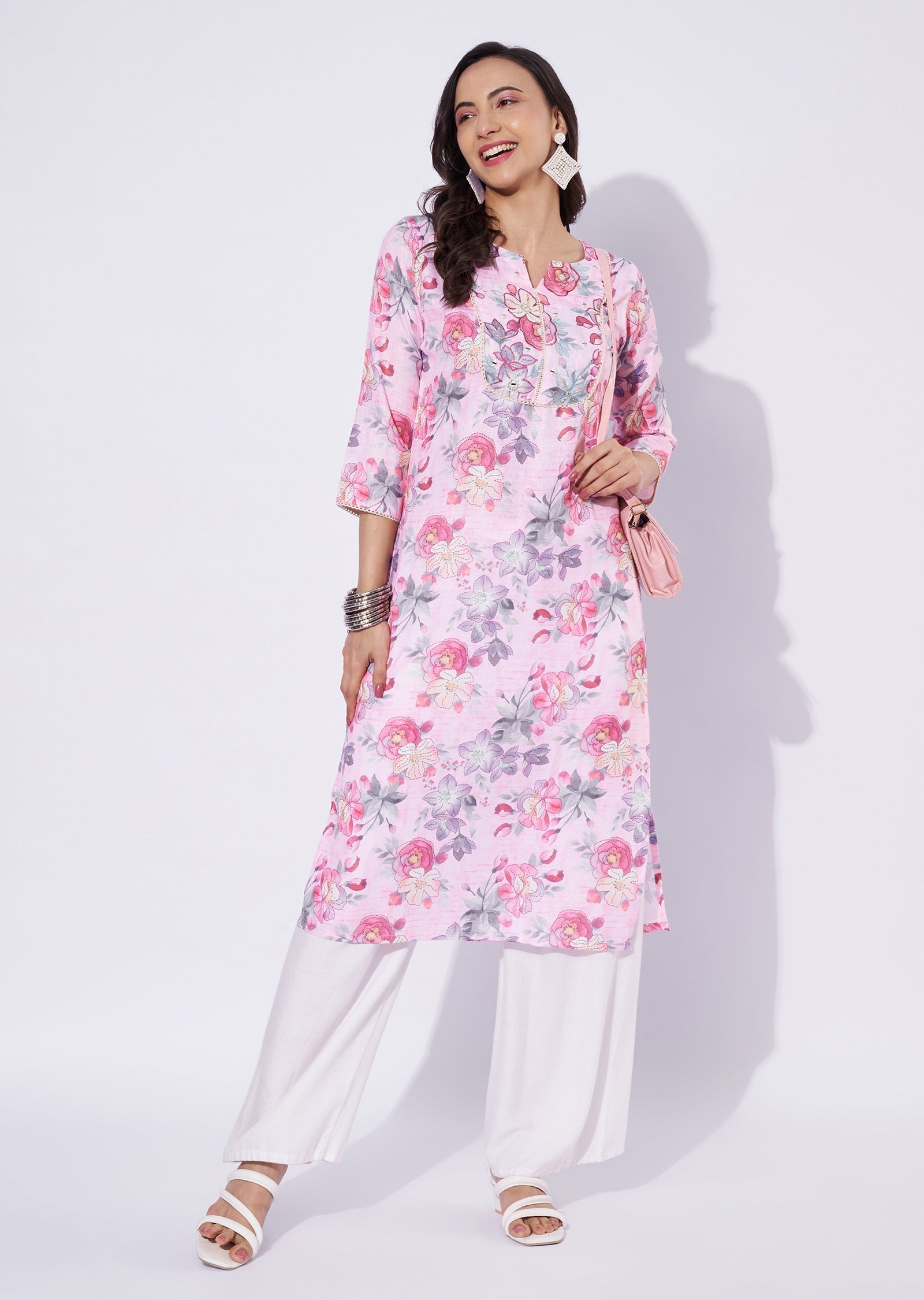 Baby Pink Linen Cotton Straight Cut Kurti