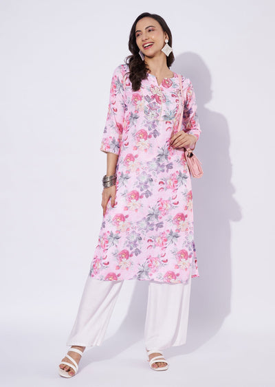 Baby Pink Linen Cotton Straight Cut Kurti