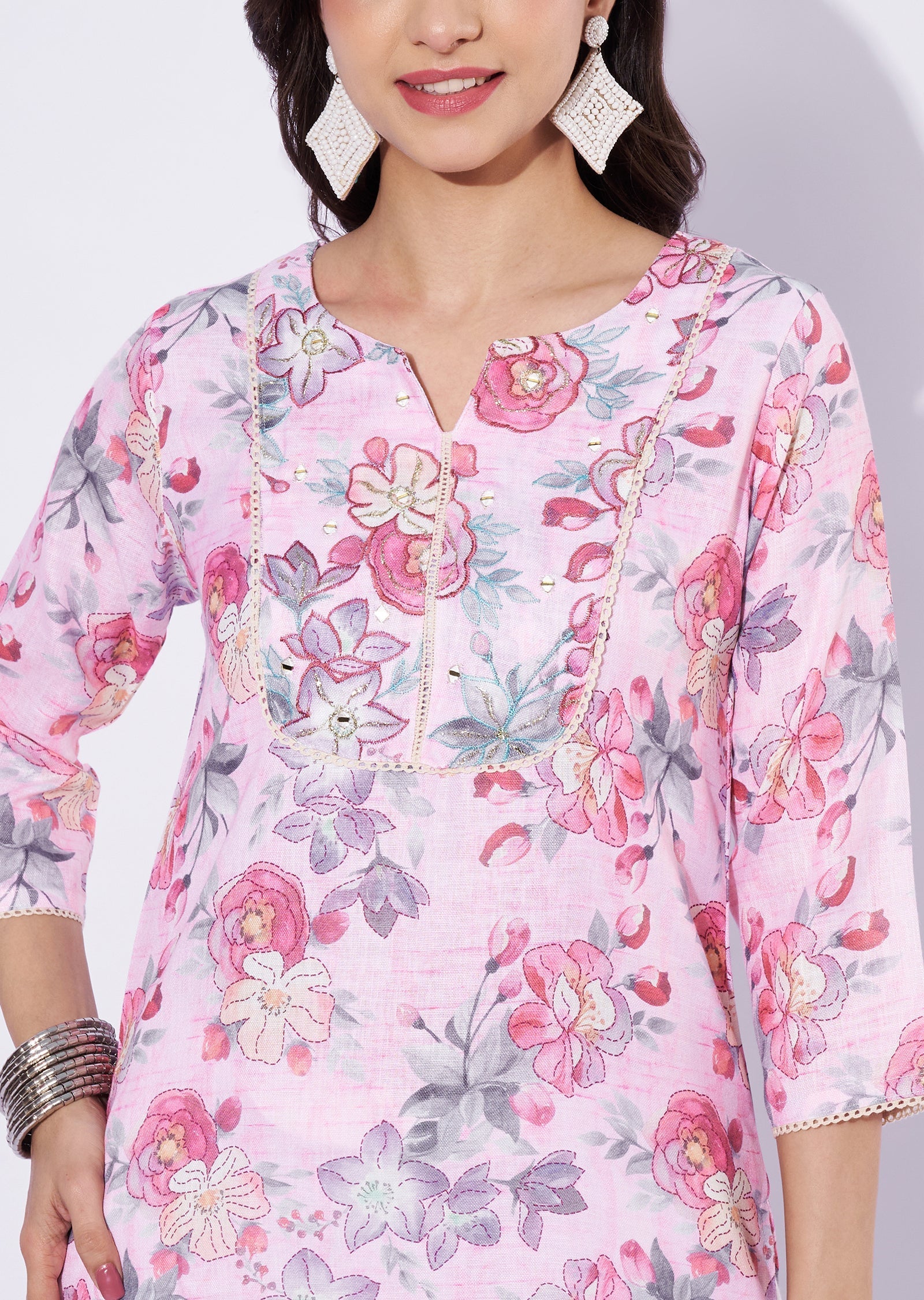 Baby Pink Linen Cotton Straight Cut Kurti