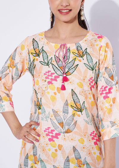 Light Yellow Linen Cotton Straight Cut Kurti