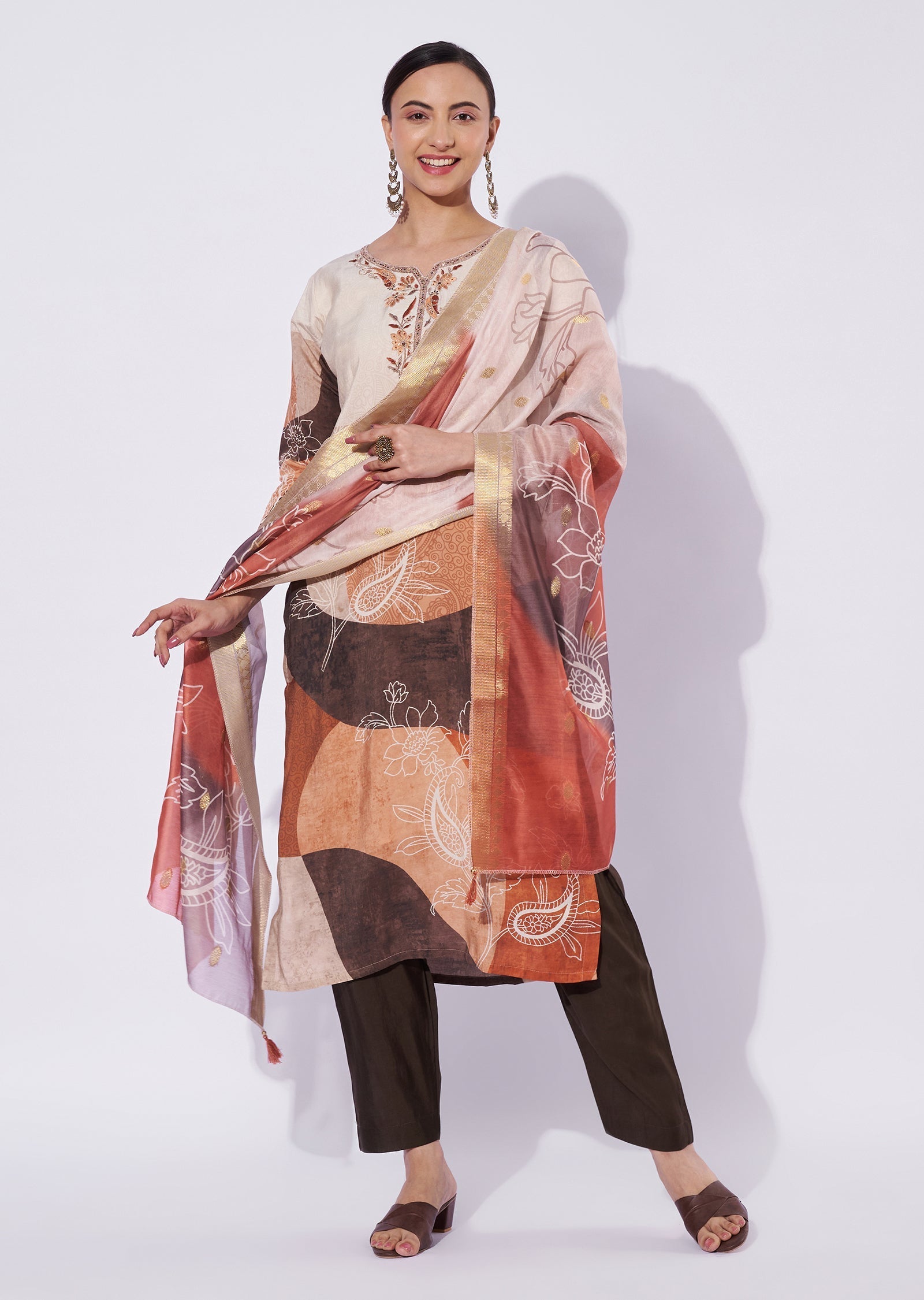 Beige Chanderi Straight Cut Suit