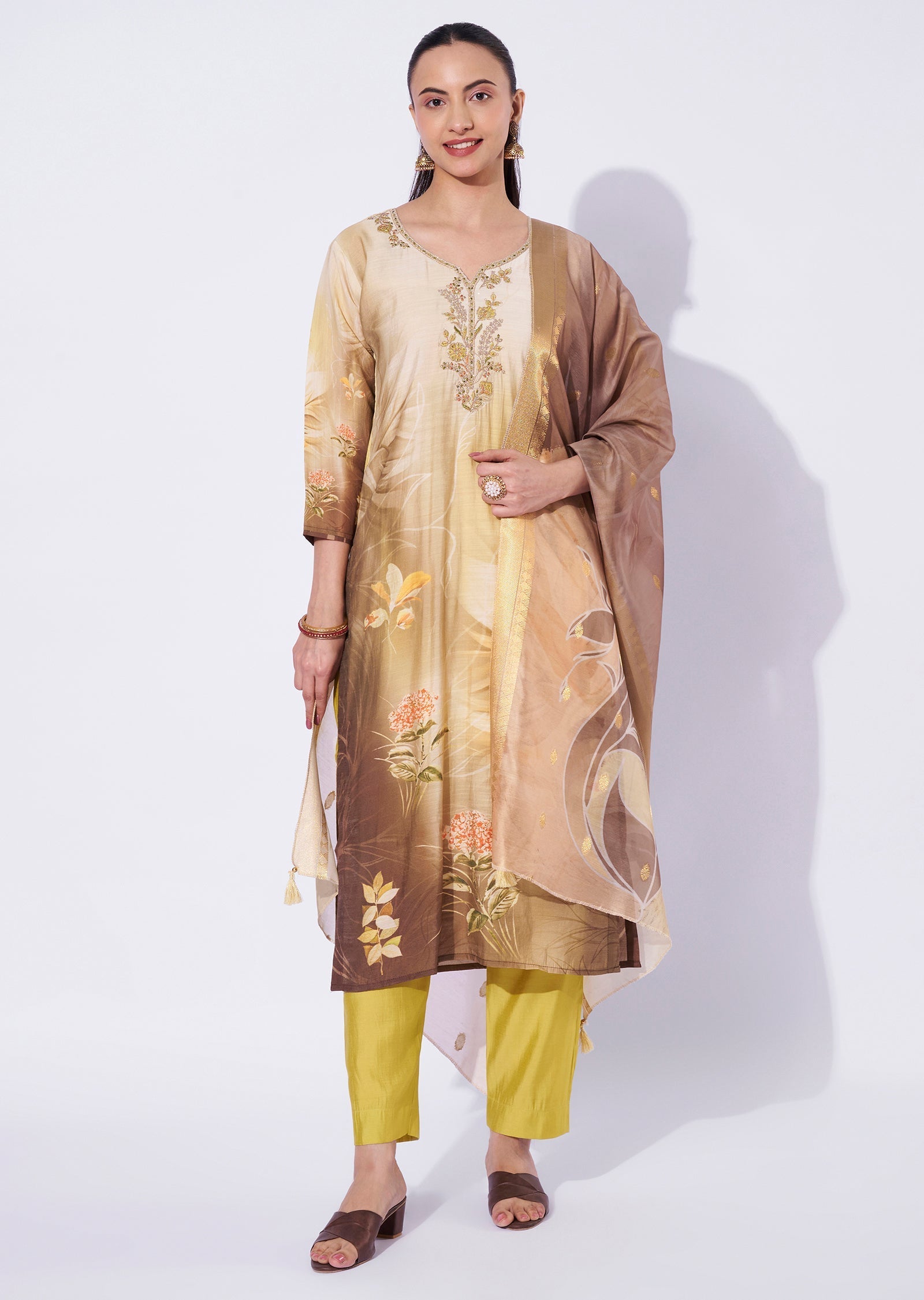Beige Chanderi Straight Cut Suit