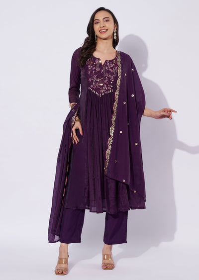 Wine Mul Chanderi Anarkali Suit
