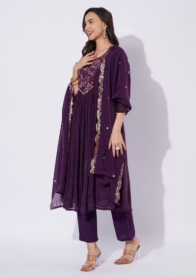 Wine Mul Chanderi Anarkali Suit