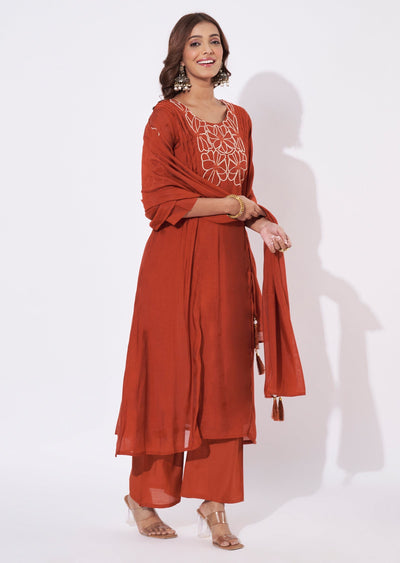 Dark Rust Mal Chanderi Anarkali Suit