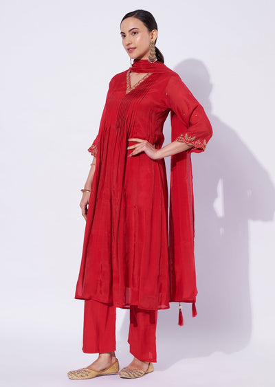 Red Mul Chanderi Anarkali Suit
