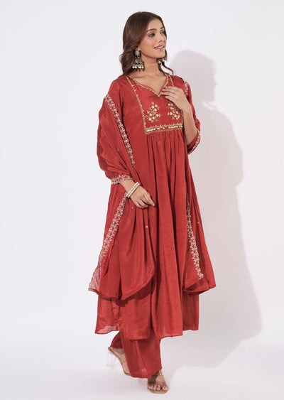 Dark Rust Chinnon Anarkali Suit