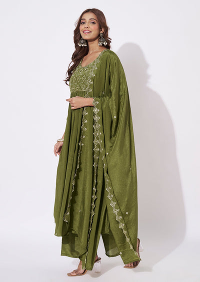 Olive Green Chinnon Anarkali Suit