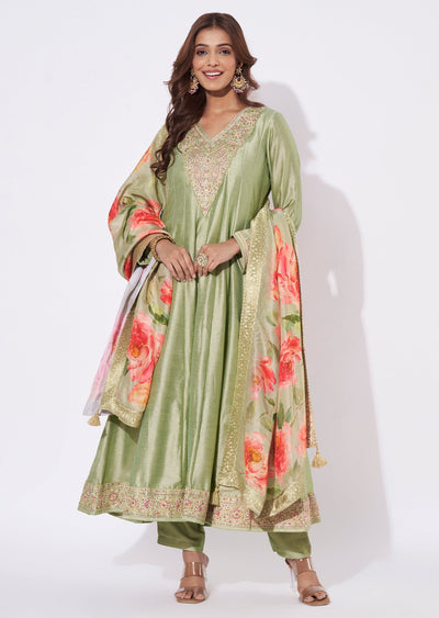 Dusty Green Silk Anarkali Suit