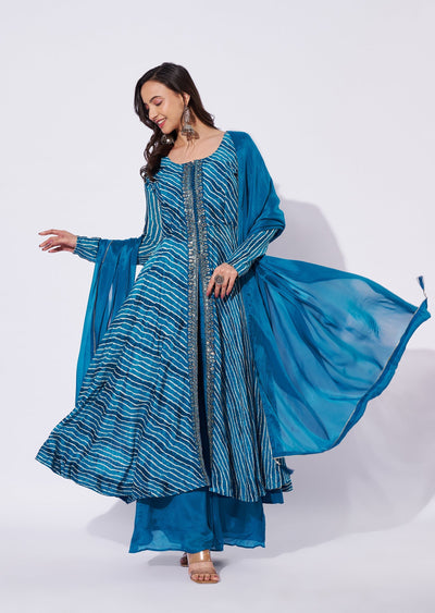 Teal Blue Chinnon Anarkali Suit