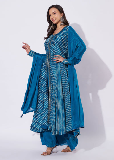 Teal Blue Chinnon Anarkali Suit