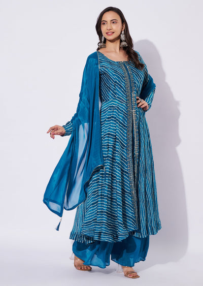 Teal Blue Chinnon Anarkali Suit
