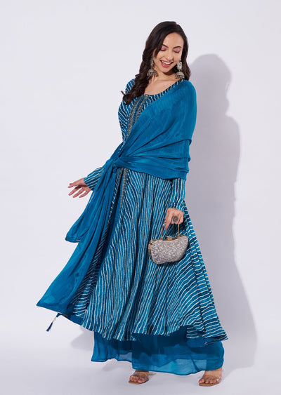 Teal Blue Chinnon Anarkali Suit