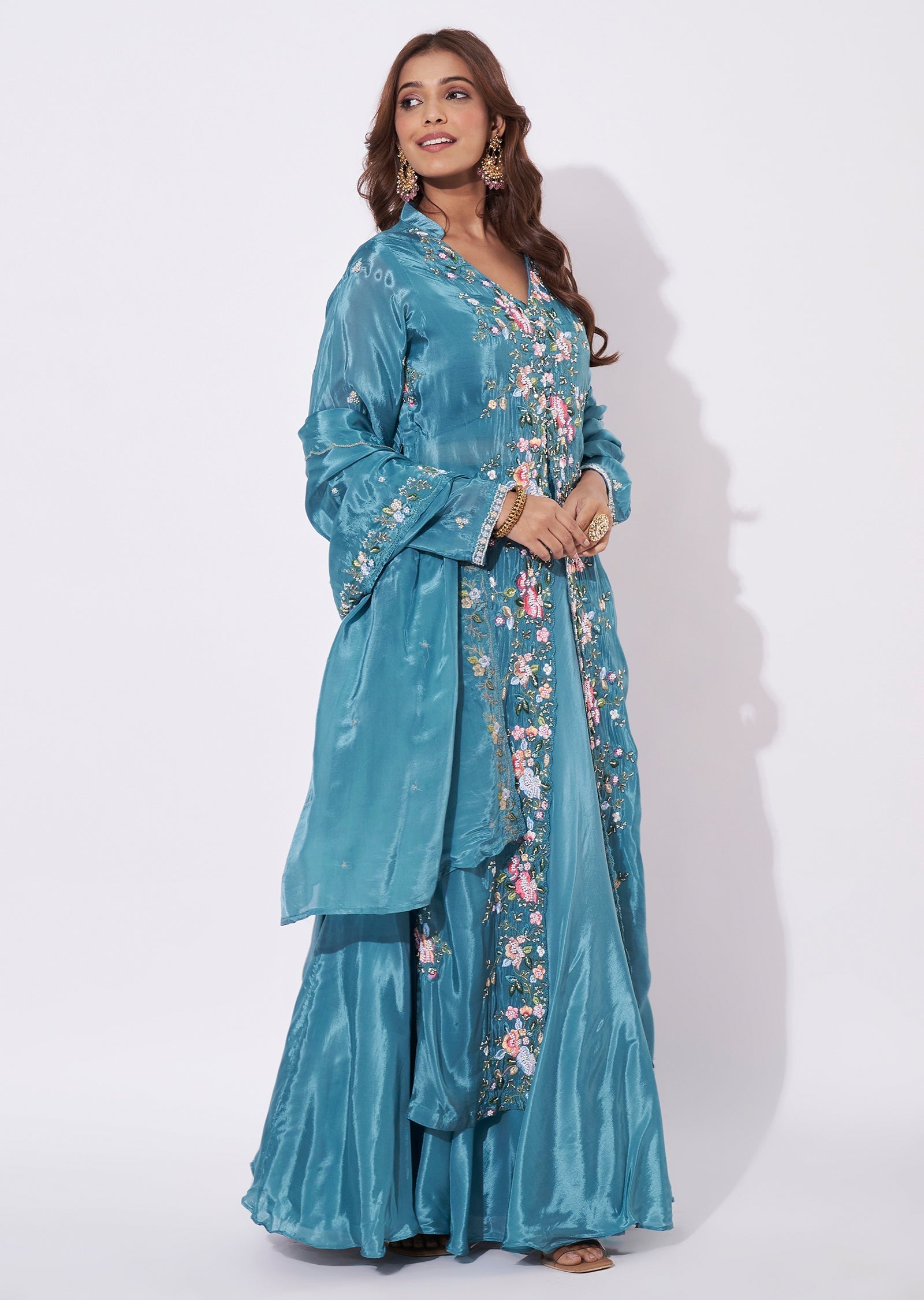 Dusty Blue Silk Anarkali Suit