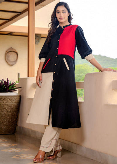 Black Cotton Straight Cut Kurti Set