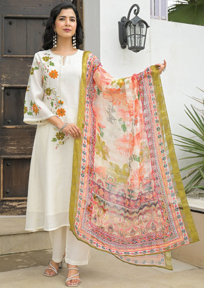 Cream Chanderi Straight Cut Suit