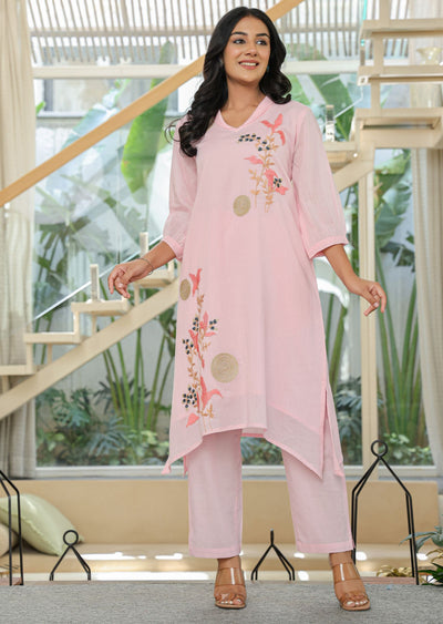 Pink Cotton Straight Cut Kurti Set
