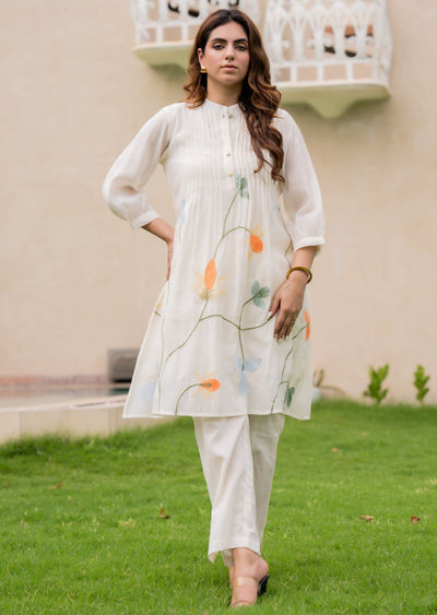 Cream Chanderi Straight Cut Kurti Set