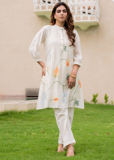 Cream Chanderi Straight Cut Kurti Set