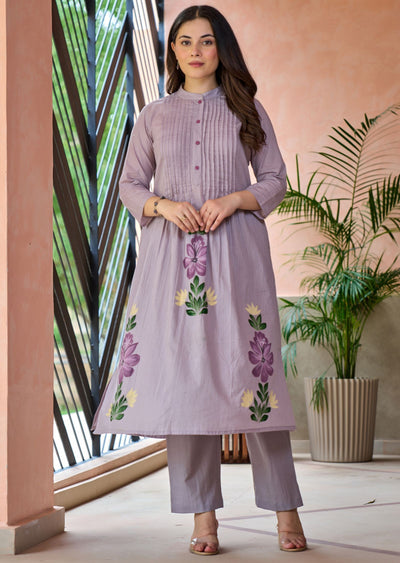 Lavender Cotton Straight Cut Kurti Set