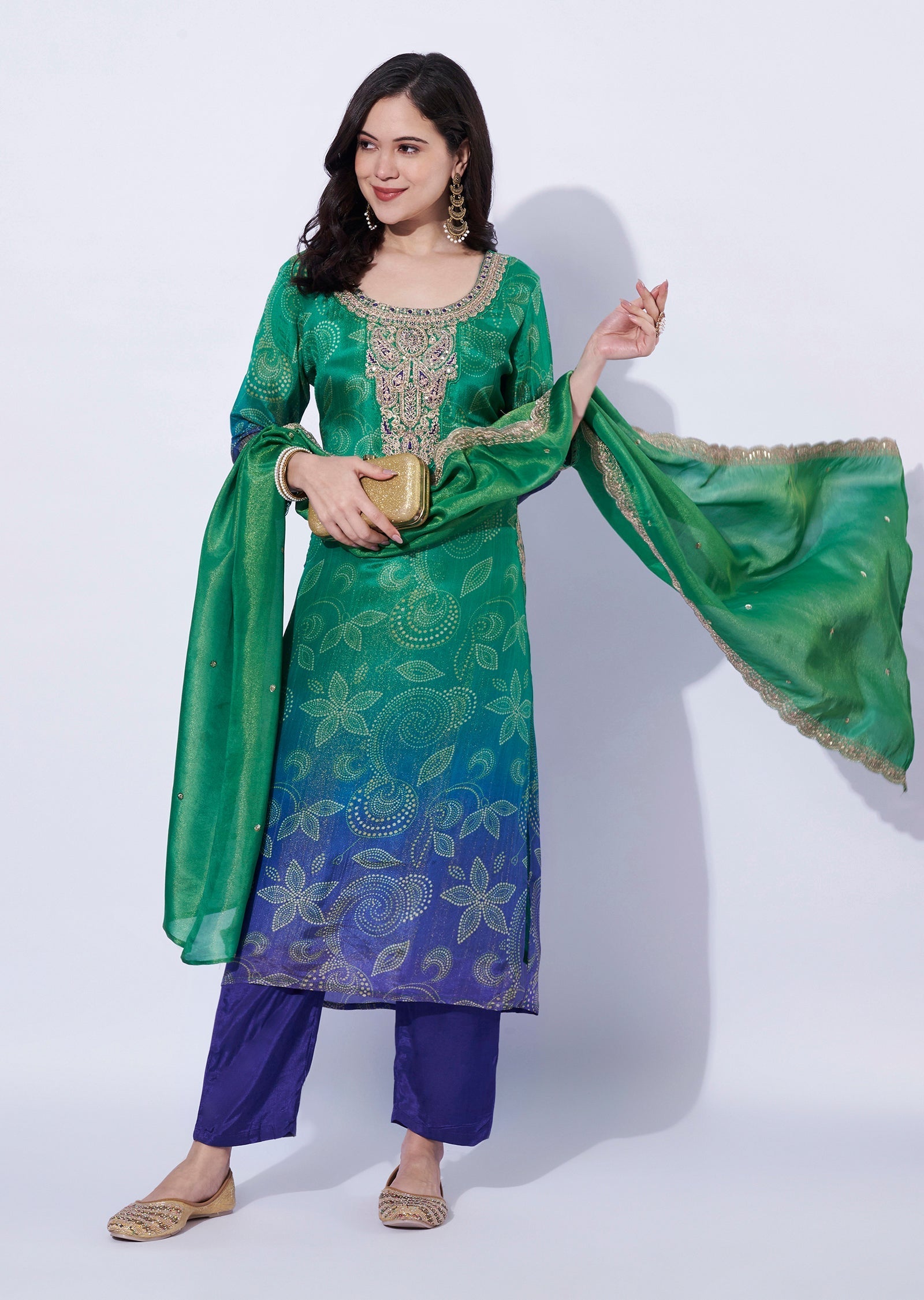 Green-Blue tissue straight cut Kurti set