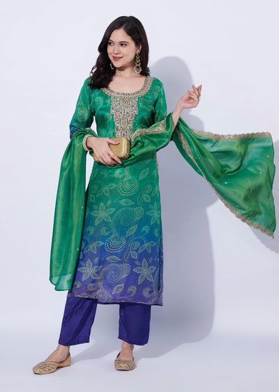 Green-Blue tissue straight cut Kurti set