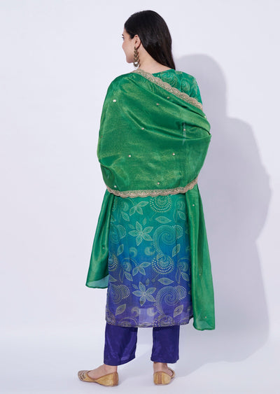 Green-Blue tissue straight cut Kurti set