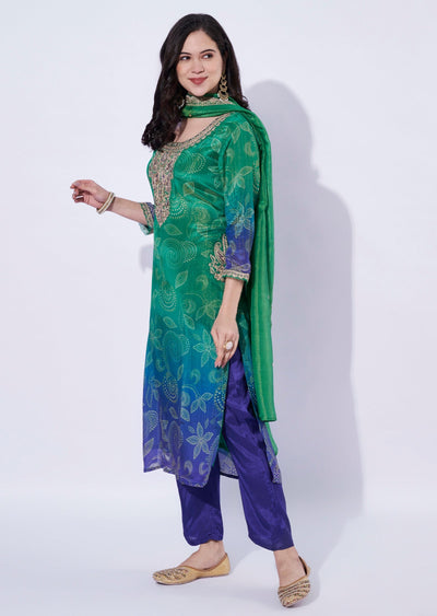 Green-Blue tissue straight cut Kurti set