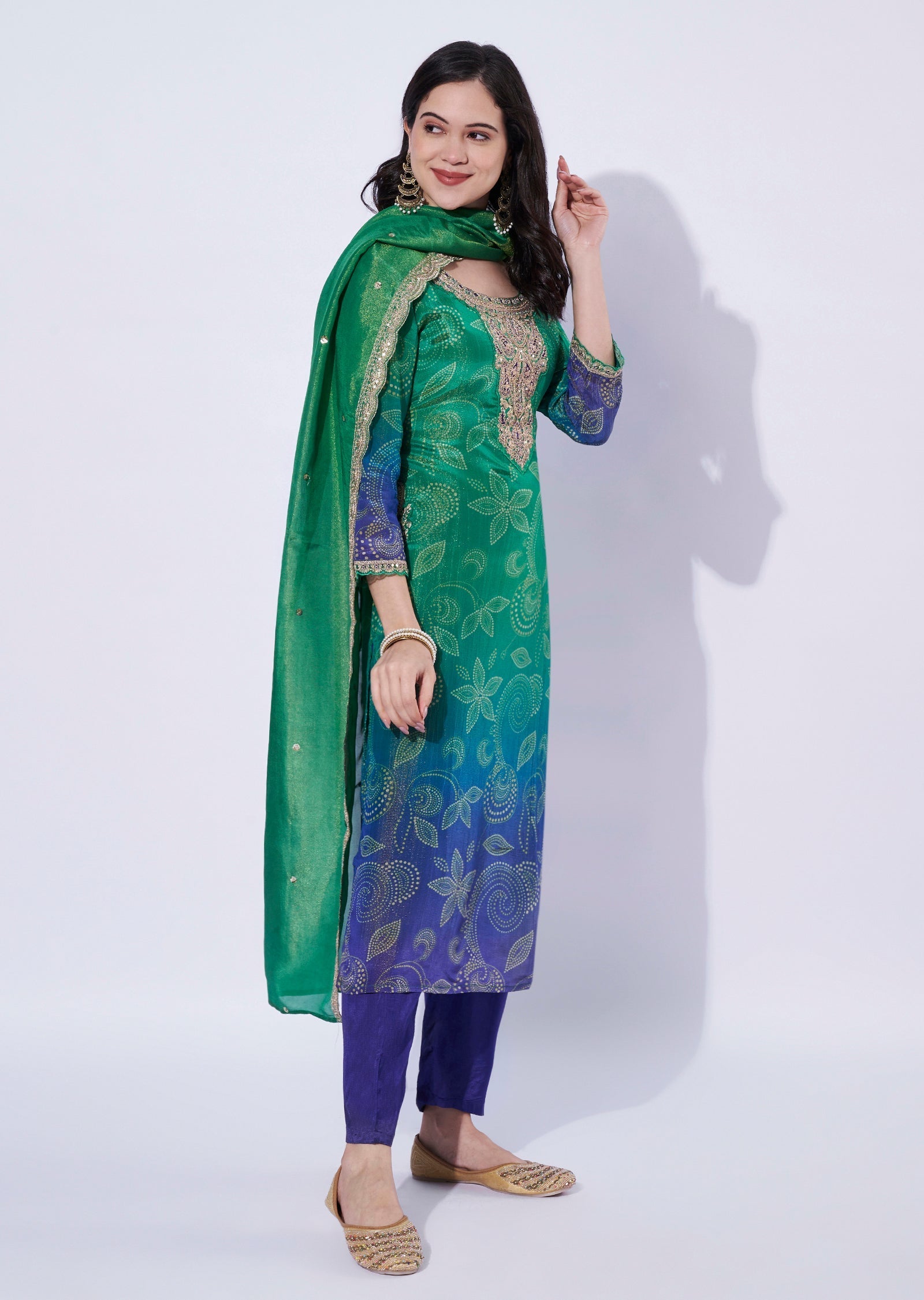 Green-Blue tissue straight cut Kurti set