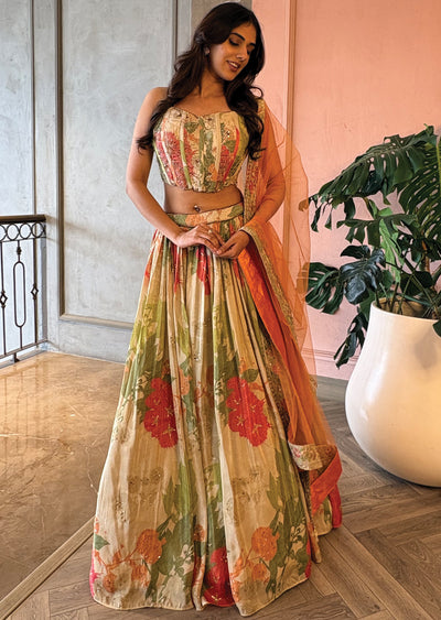 Floral printed tissue corset lehenga