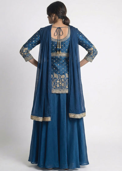 Teal Blue Embroidered Kurti & Palazzo