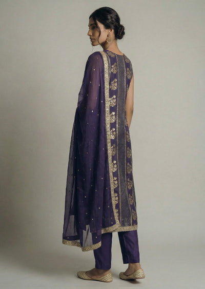 Purple Banarasi Brocade Straight Suit