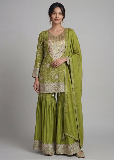 Mehendi Green Embroidered Bandhani Sharara