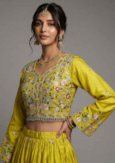 Elegant Yellowish Green Lehenga Set