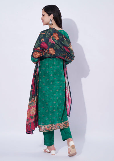 Green straight cut kurti with printed dupatta