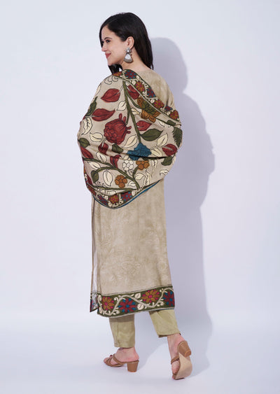 Beige straight cut kurti set with printed dupatta
