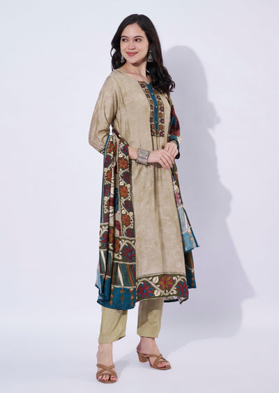 Beige straight cut kurti set with printed dupatta