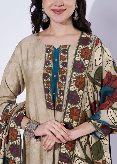 Beige straight cut kurti set with printed dupatta