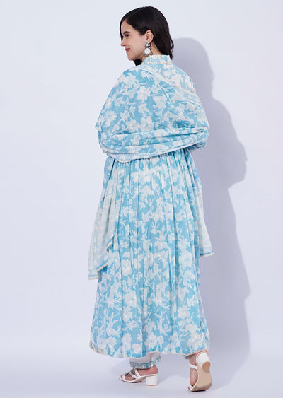Light Blue Cotton Anarkali with Pant & Dupatta