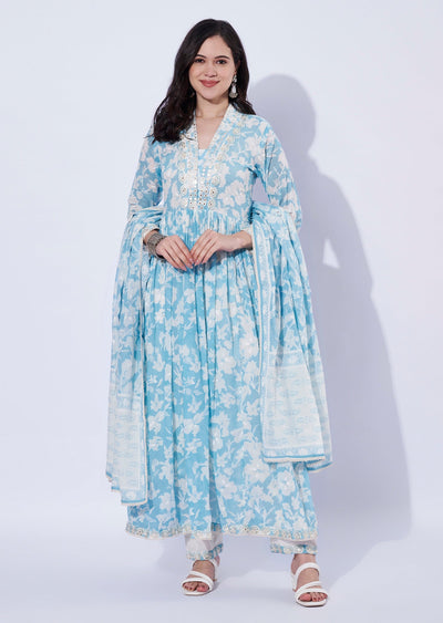 Light Blue Cotton Anarkali with Pant & Dupatta