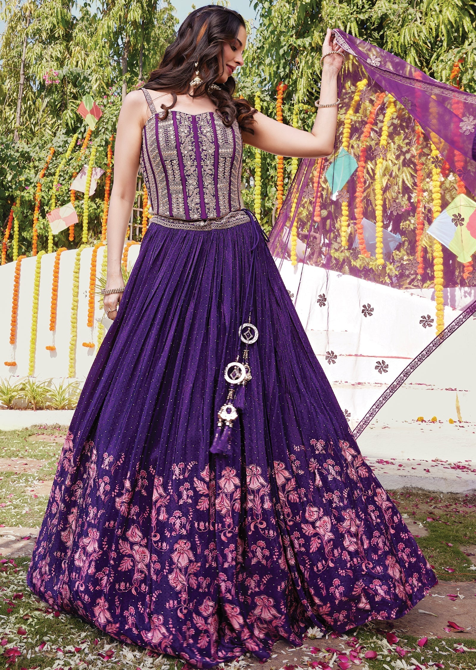 Purple crepe corset lehenga