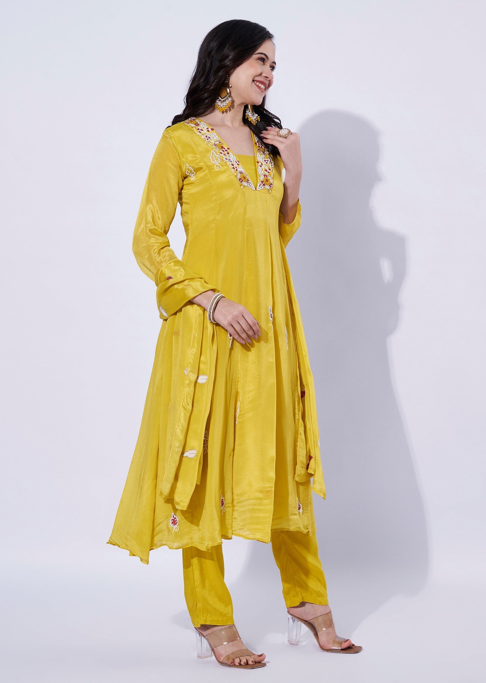 Yellow Chinnon Anarkali Suit